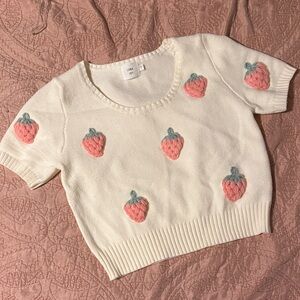 Anthropologie Cream Knit Crop Top with Pink Strawberry Design